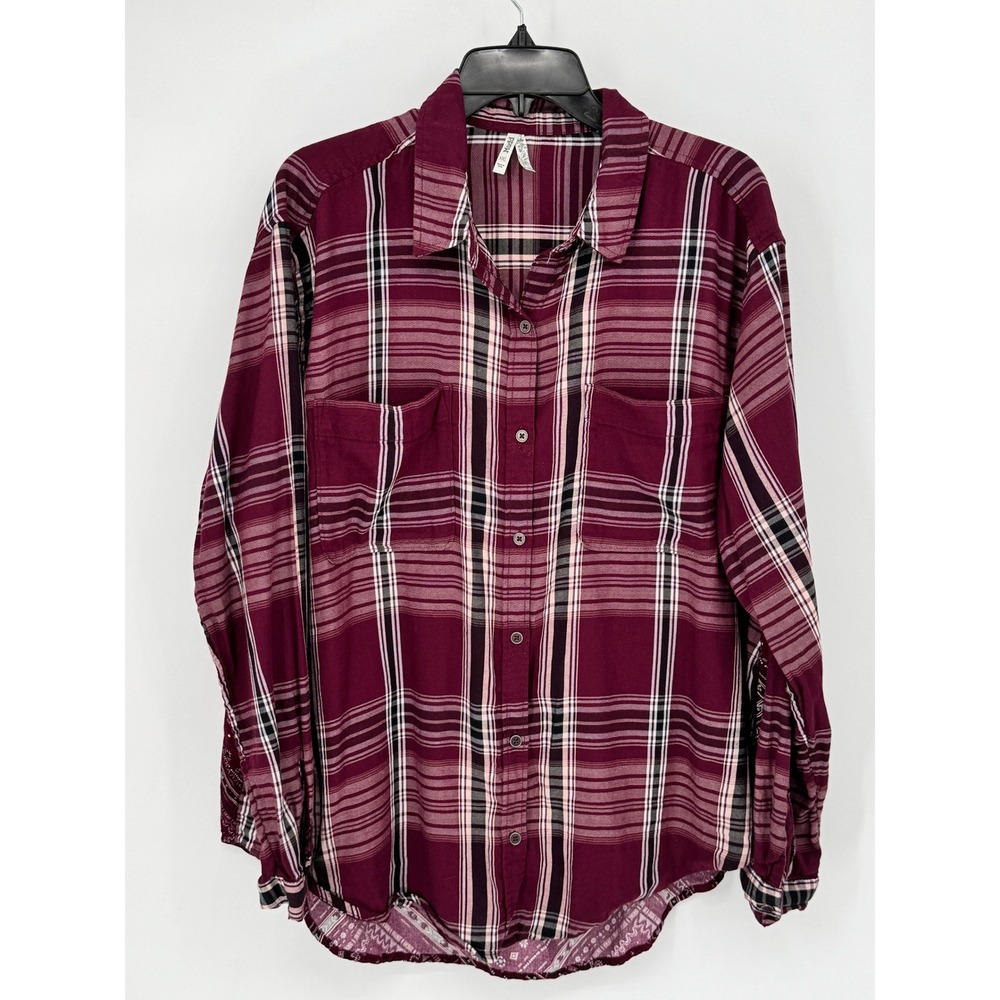Mudd Plaid Bandana Back Shirt Womens XXL Burgundy Excellent Mixed Media Boho